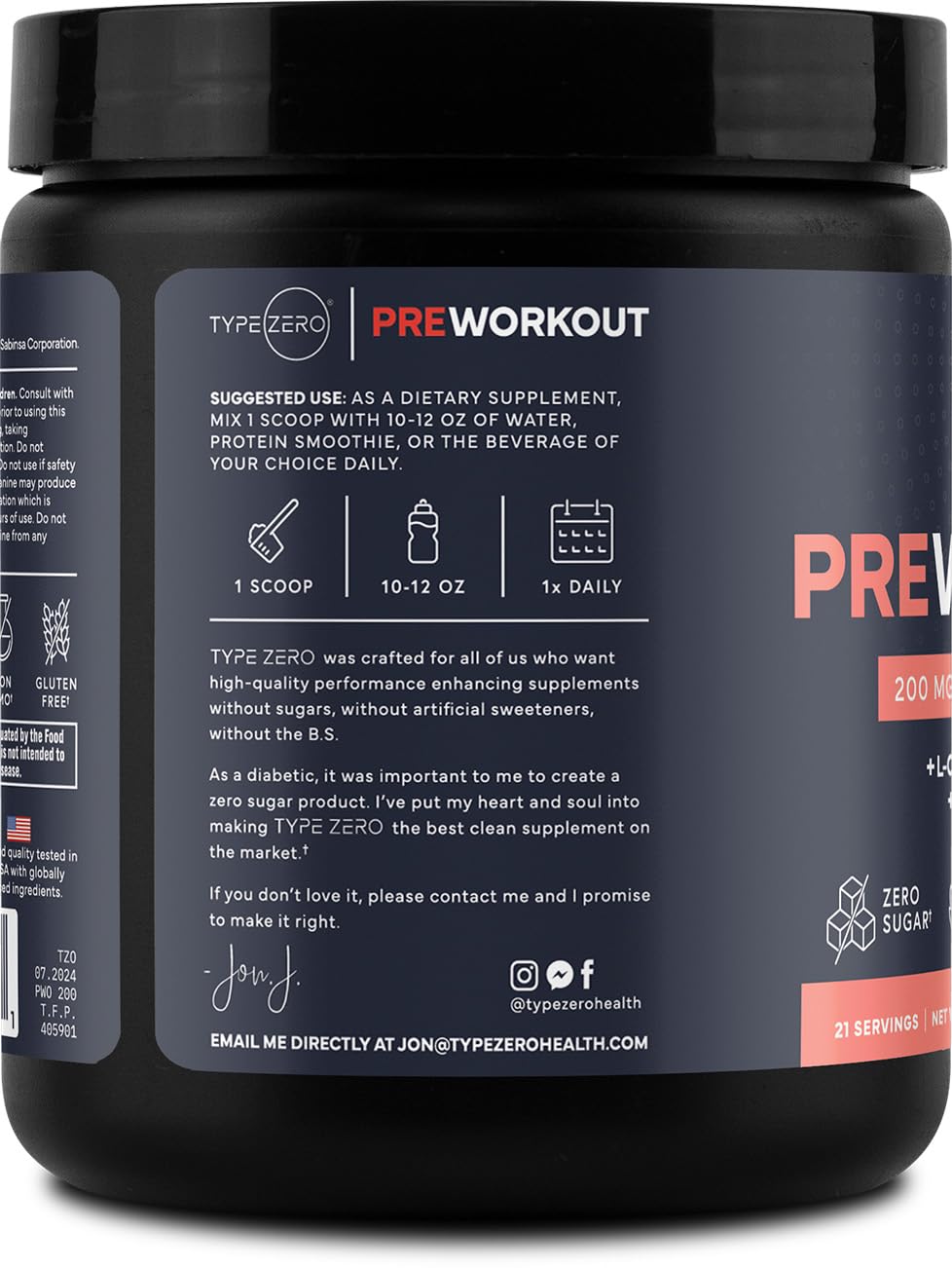 Zero sugar badge on Type Zero Clean Pre Workout packaging