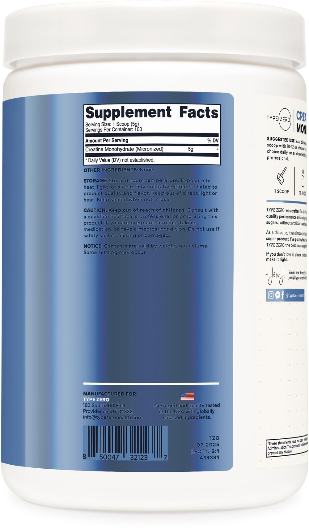 Keto-friendly and gluten-free Type Zero Creatine Monohydrate packaging