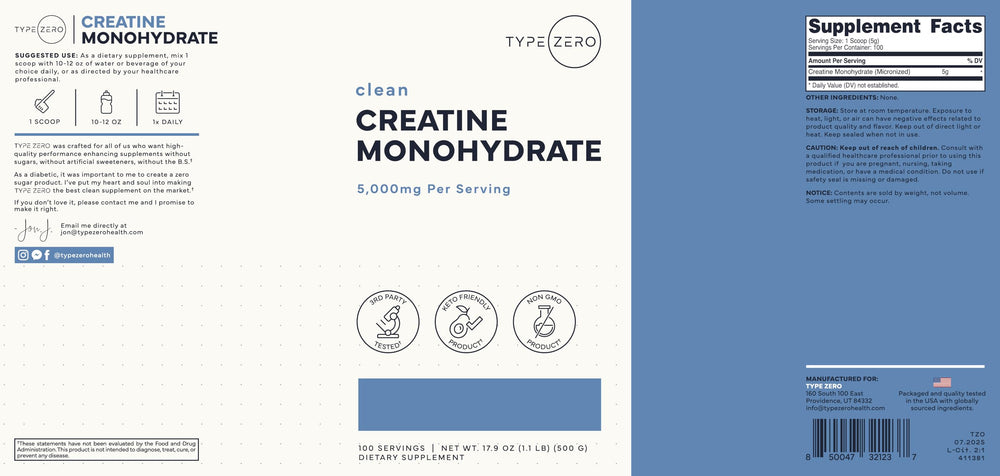 Product label showing 100 servings and 5 g per serving