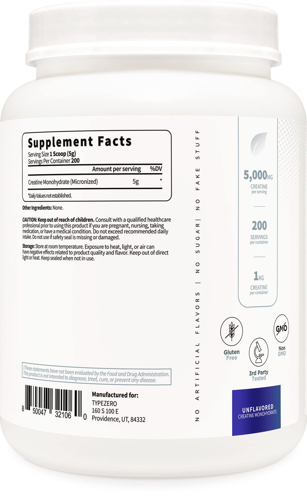 Ingredients and specifications for Type Zero Creatine Monohydrate