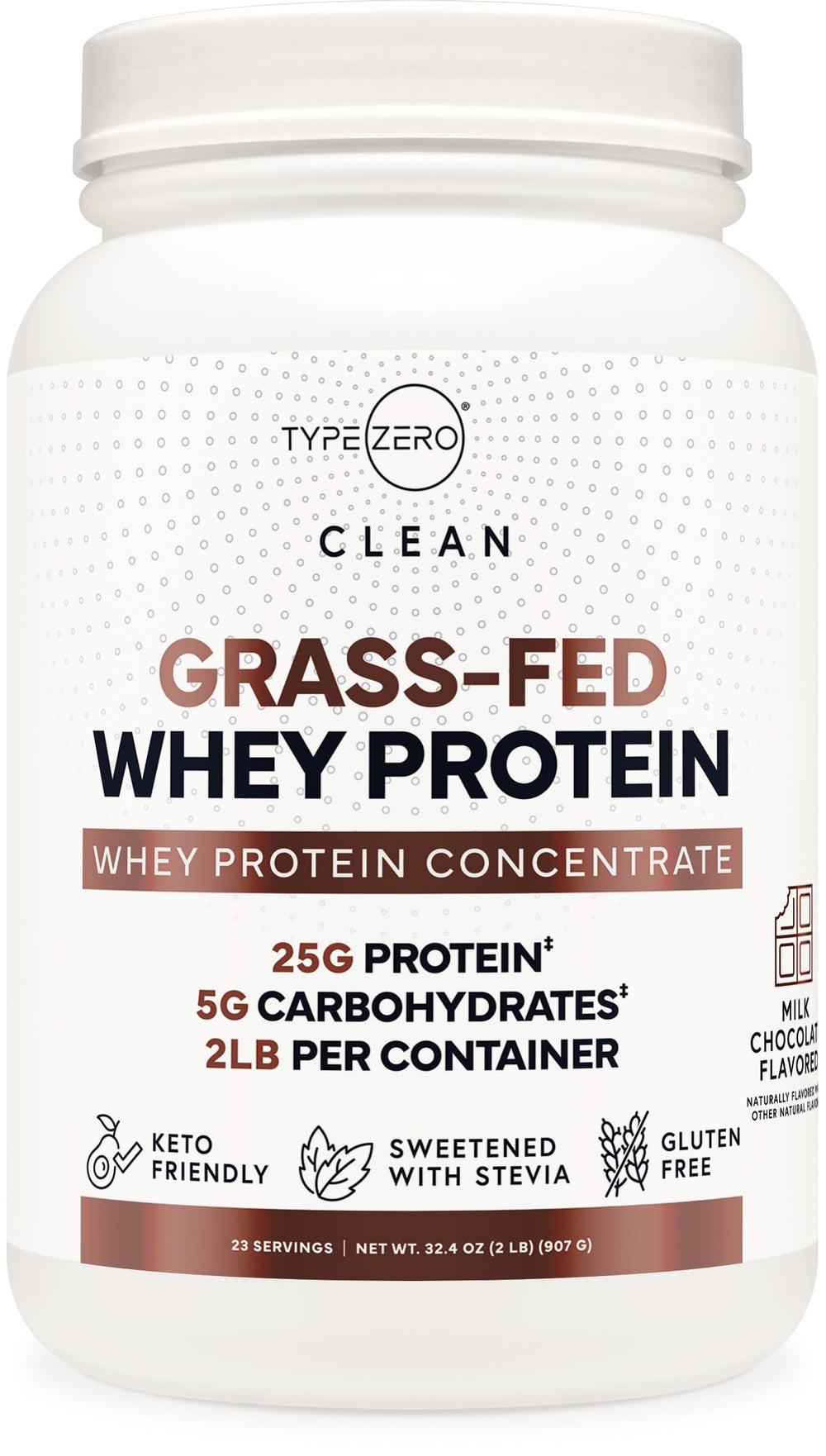 Type Zero grass-fed whey milk chocolate powder in a jar for a smooth shake