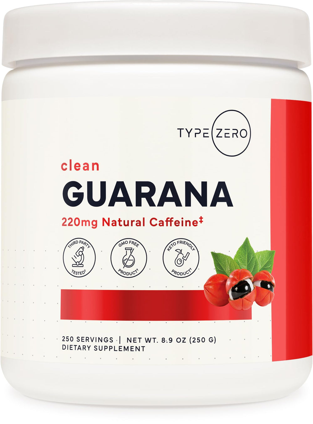 Type Zero Guarana Powder bottle front showing natural energy source for steady daytime focus