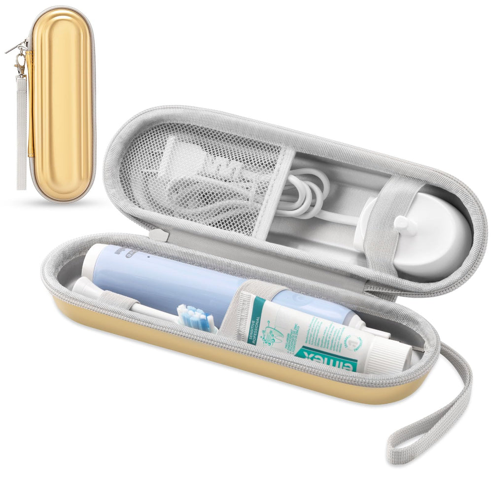 Front view of TYSORETY toothbrush travel case in dazzling gold