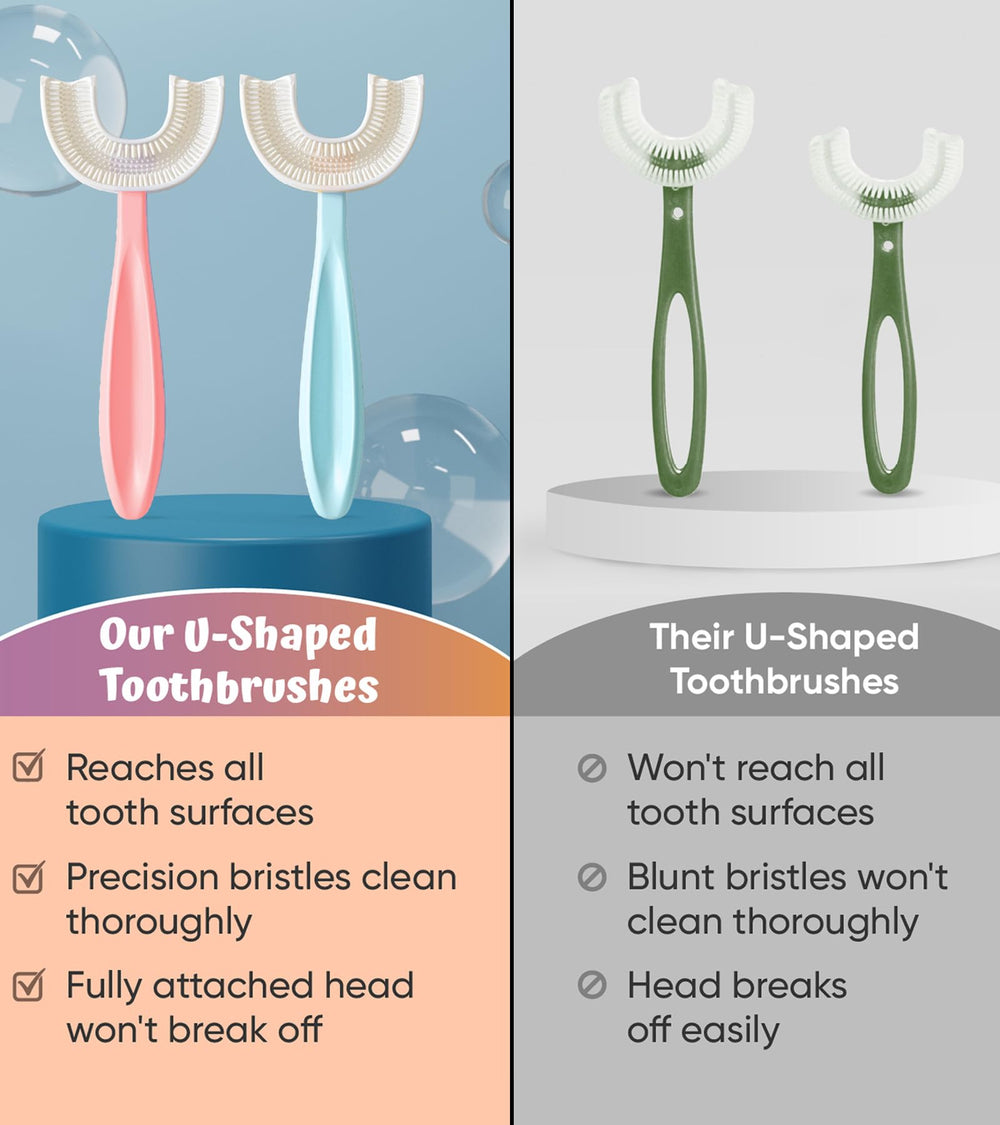 Two soft kid toothbrushes pink and blue with rounded head