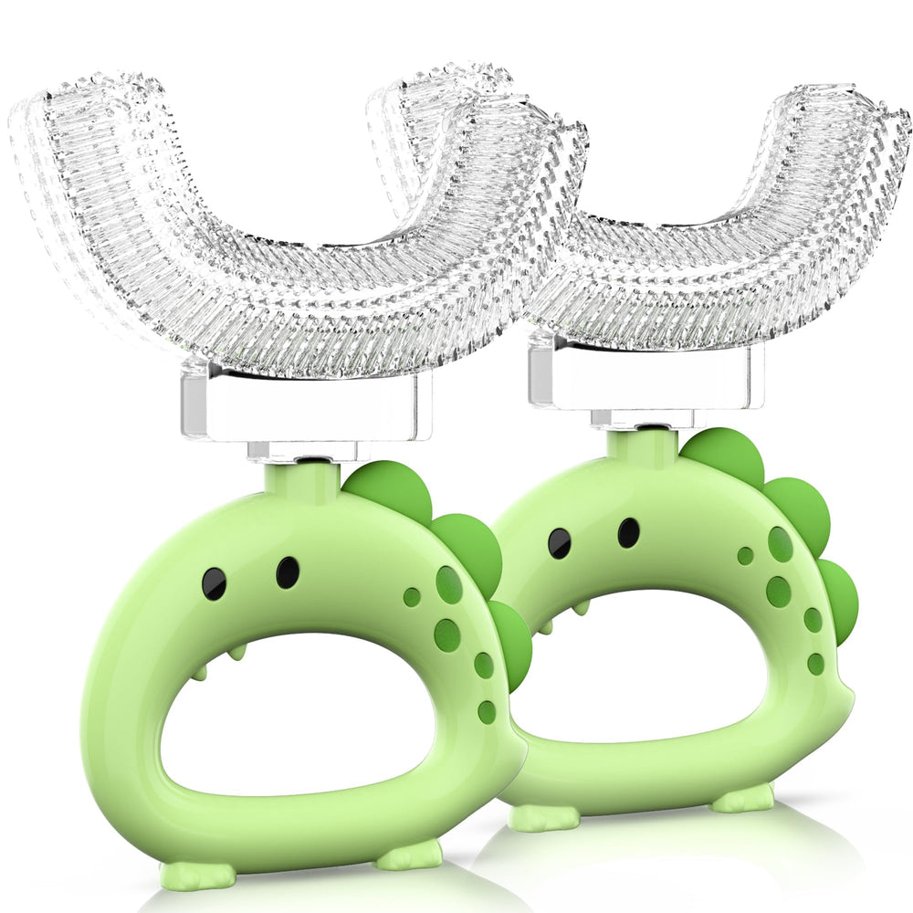 Two green U-shaped toothbrushes for kids