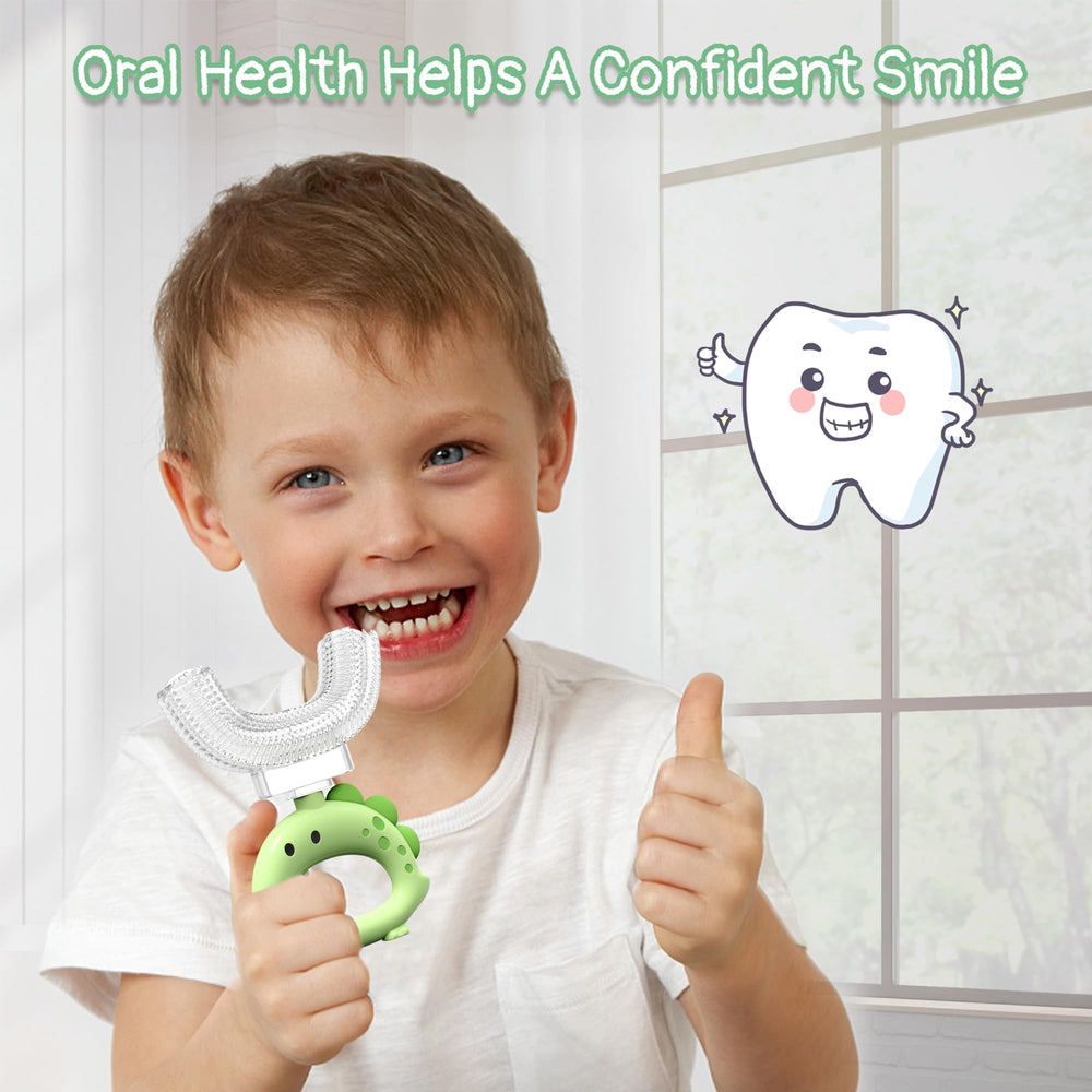 Child brushing teeth with U-shaped toothbrush