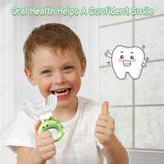 Child brushing teeth with U-shaped toothbrush