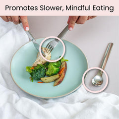 Stainless steel bariatric diet utensils laid out