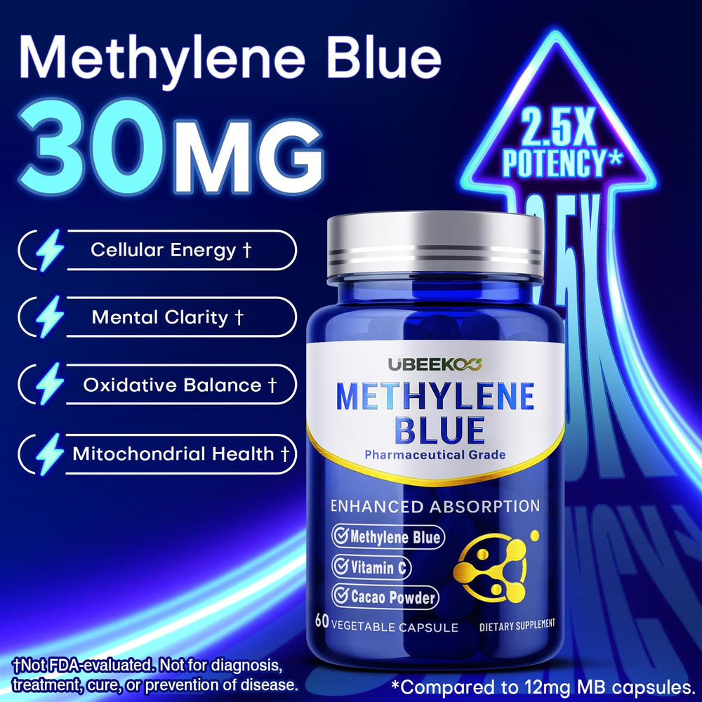 UBEEKOO 30mg Methylene Blue capsules bottle – side view