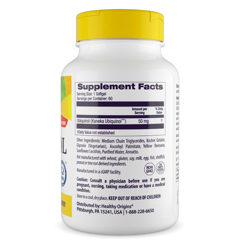 Close-up of ubiquinol active form CoQ10 50 mg softgels