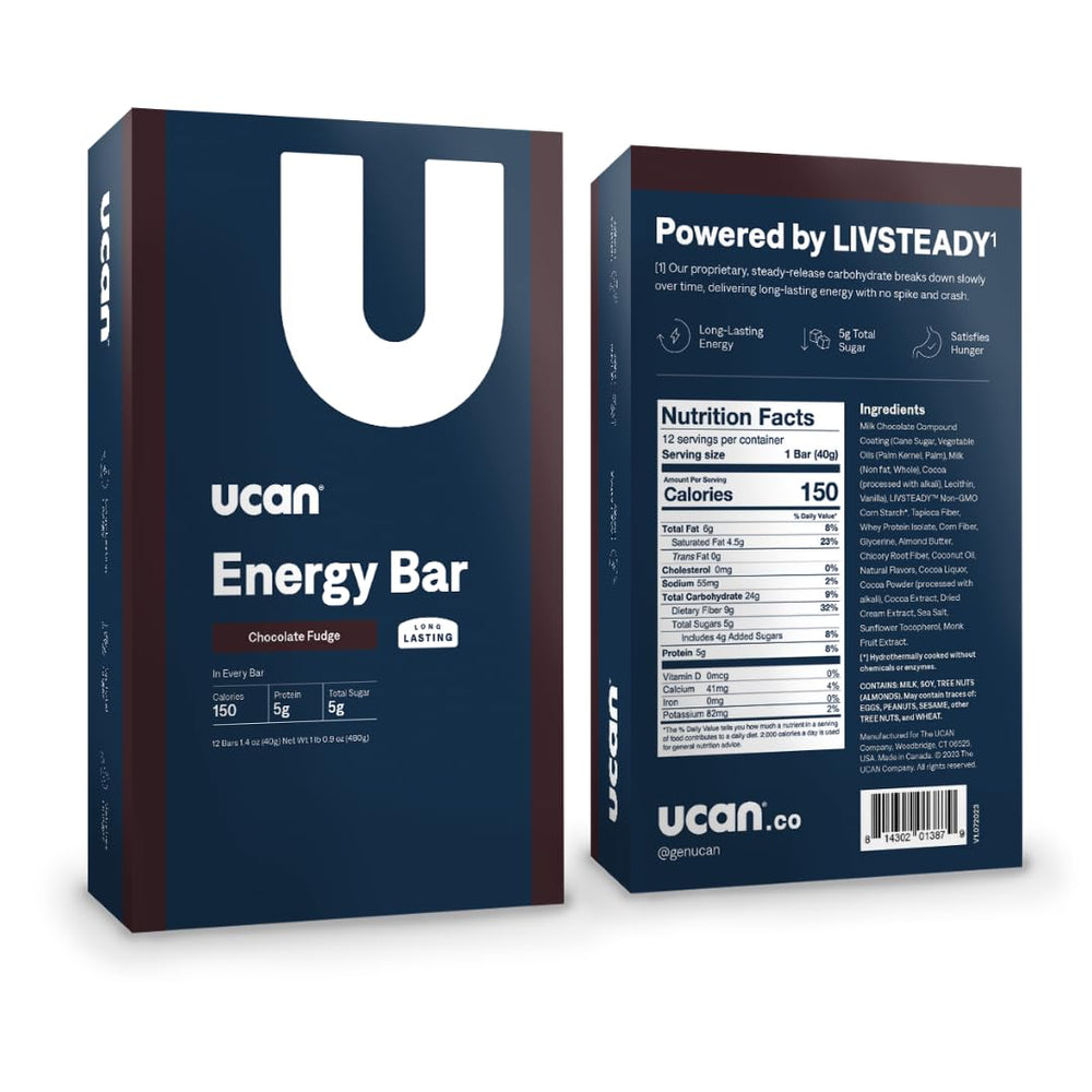 UCAN Energy Bar Chocolate Fudge ingredients list emphasizes vegan, gluten-free nutrition.