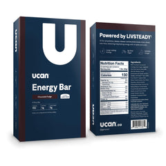 UCAN Energy Bar Chocolate Fudge ingredients list emphasizes vegan, gluten-free nutrition.