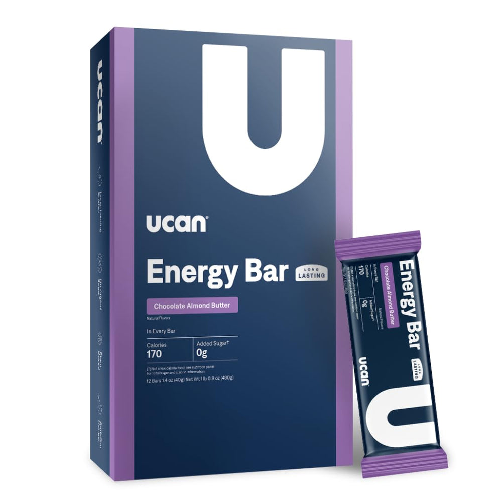 UCAN Energy Bars bar unwrapped in chocolate almond butter for steady energy