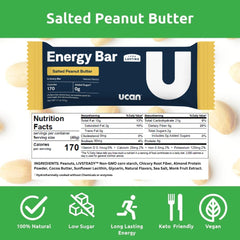UCAN Energy Bars Salted Peanut Butter bar closeup highlighting plant-based protein for steady energy.