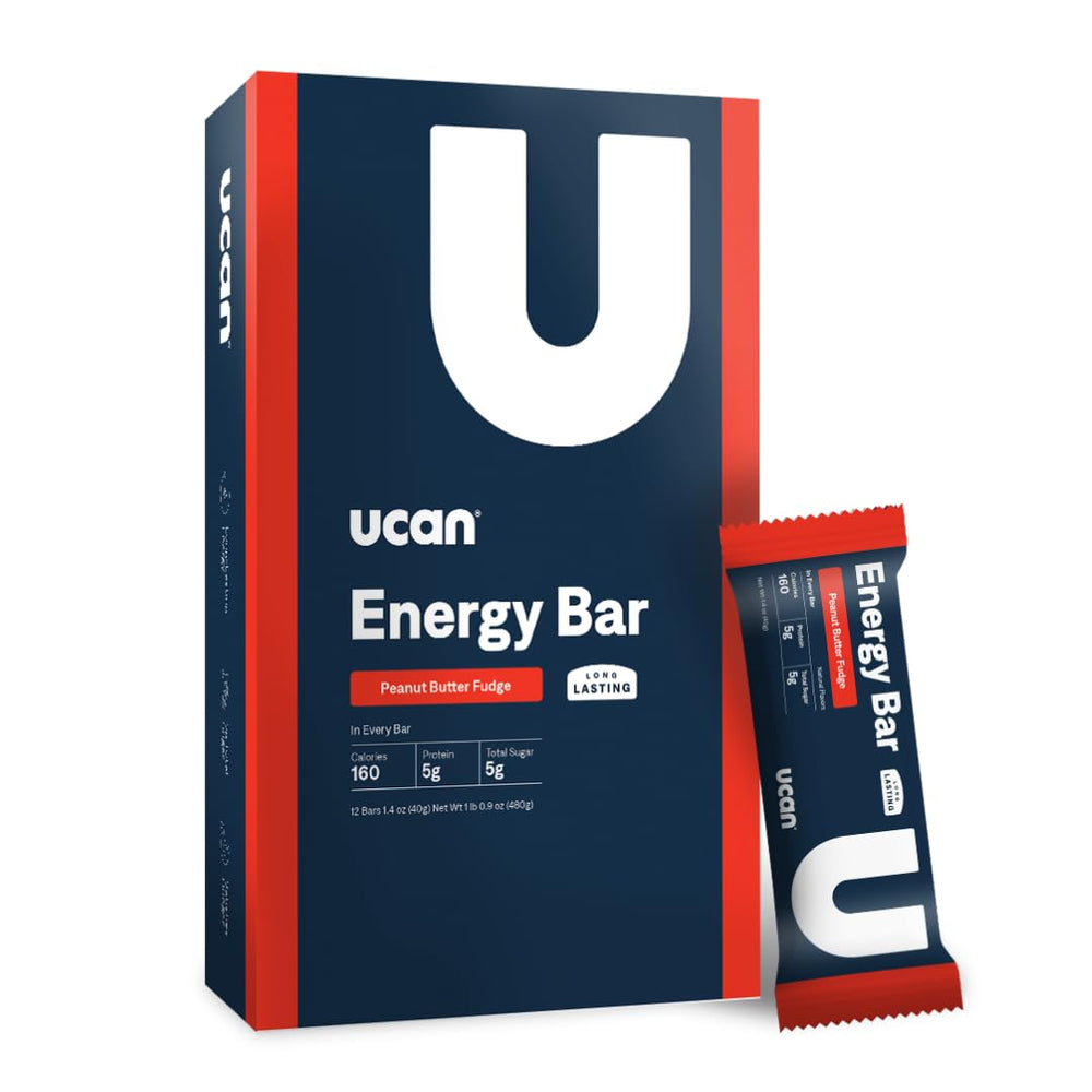 UCAN Energy Snack Bar Peanut Butter Fudge pack shot highlights portable energy for workouts.