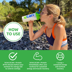 UCAN Energy + Plant Protein Powder vanilla bottle on table ready for morning routine