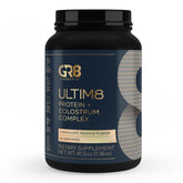 Hero image showing ULTIM8 Protein + Colostrum Complex in chocolate flavor