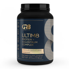 Hero image showing ULTIM8 Protein + Colostrum Complex in chocolate flavor