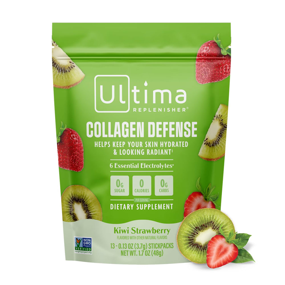 Front view of Ultima Collagen Defense Electrolytes Kiwi Strawberry stickpack