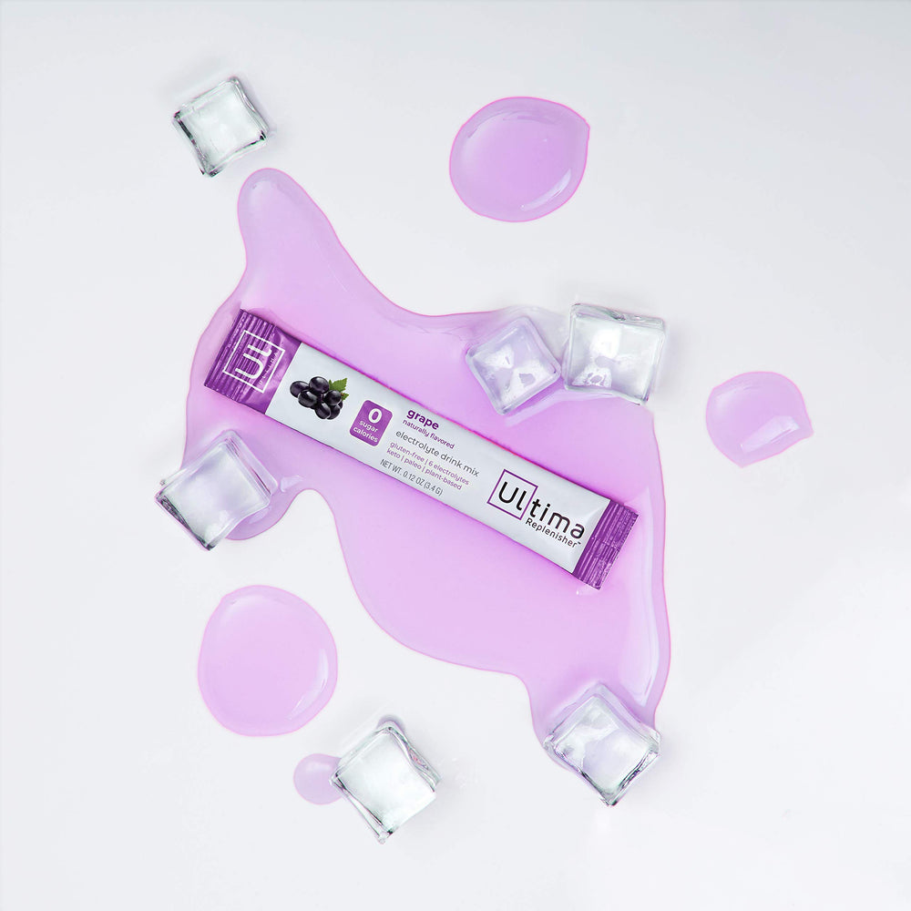 Glass of water with Ultima Replenisher Grape powder