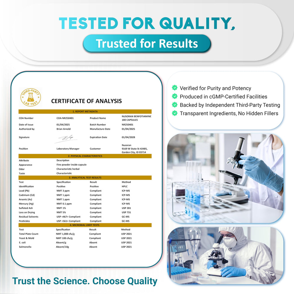 Non-GMO and Gluten-Free badges on Ultra Benfotiamine label
