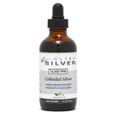 Front view of Ultra Silver Colloidal Silver bottle with dropper
