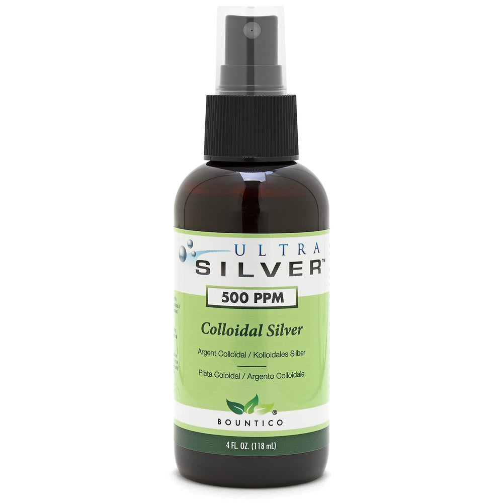 Front view of Ultra Silver Colloidal Silver 4 oz bottle with fine mist spray