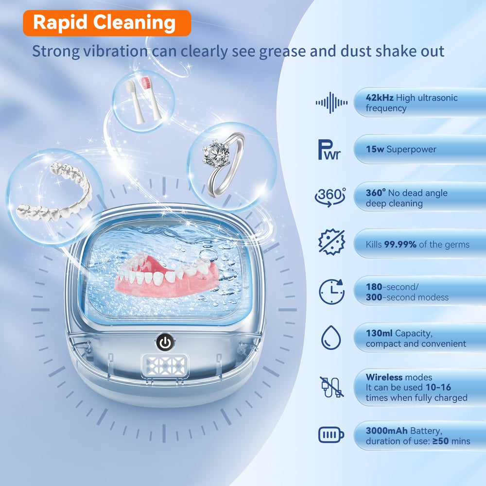 Denture cleaning tank showing 42kHz ultrasonic cleaner