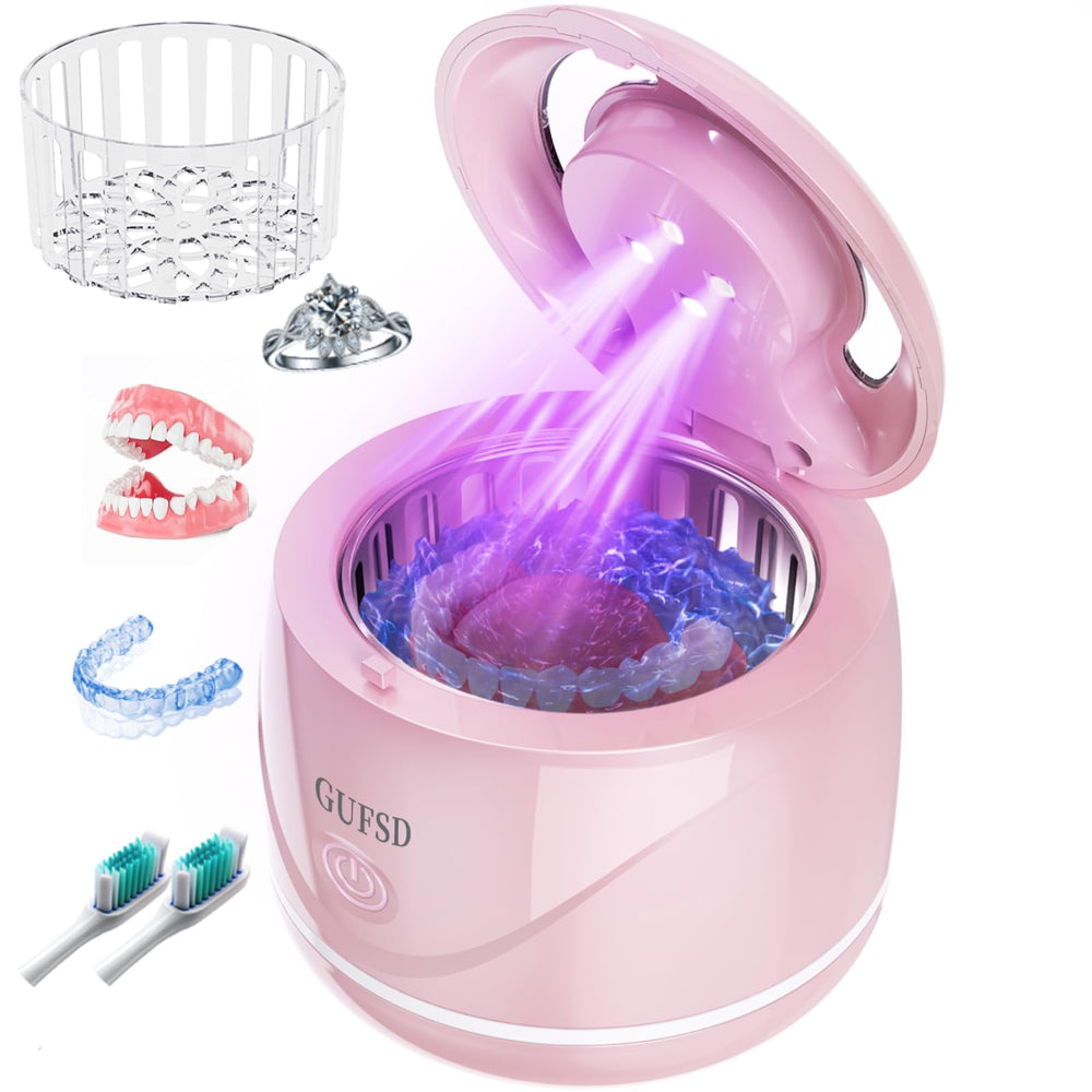 Pink compact ultrasonic retainer cleaner with 180ml capacity