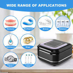 Cleaners demonstrating use for dentures, retainers, braces, aligners, and jewelry