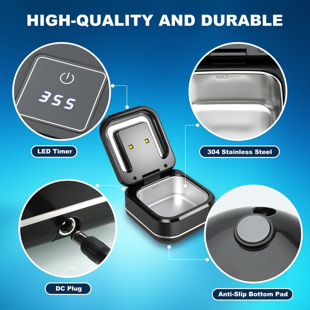 Compact travel-friendly ultrasonic cleaner on a desk