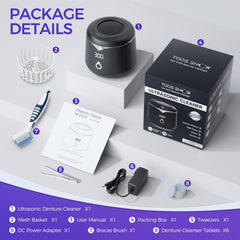 Included accessories: denture brush, cleaning basket, tweezers and tablets