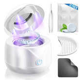 Ultrasonic retainer cleaner machine on countertop for dentures and braces