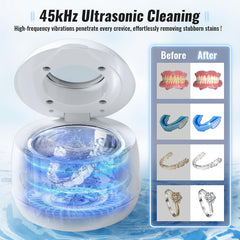 Close-up of 45kHz ultrasonic cleaning with UV-C indicators