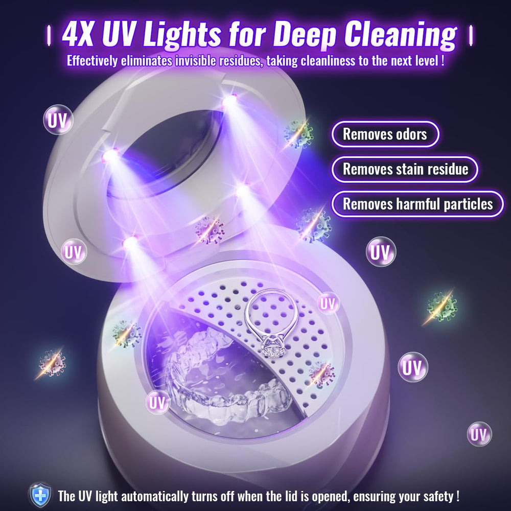 Compact ultrasonic cleaner front view with 200ml pod