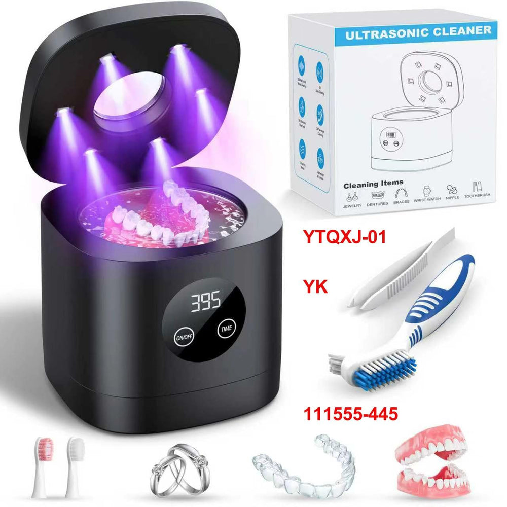 Black Ultrasonic Retainer Cleaner Machine with 52kHz, 250ml capacity for braces, mouth guards, dentures, and jewelry.