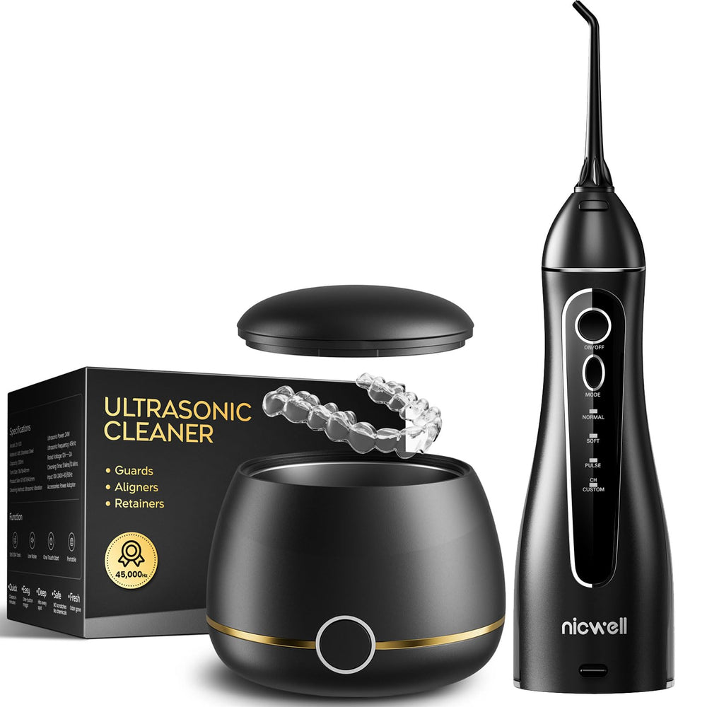 Front view of Ultrasonic Retainer Cleaner & Water Flosser Bundle box