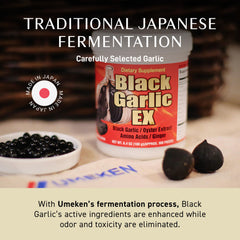 Close-up of Umeken Black Garlic EX label with nutrition information