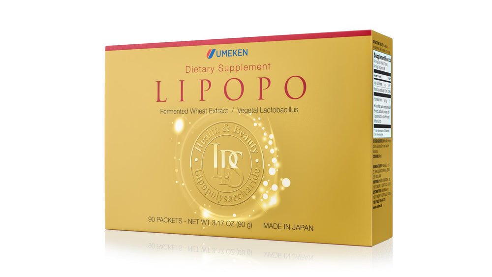 Front view of Umeken Lipopo 3-month supply box with 90 packets