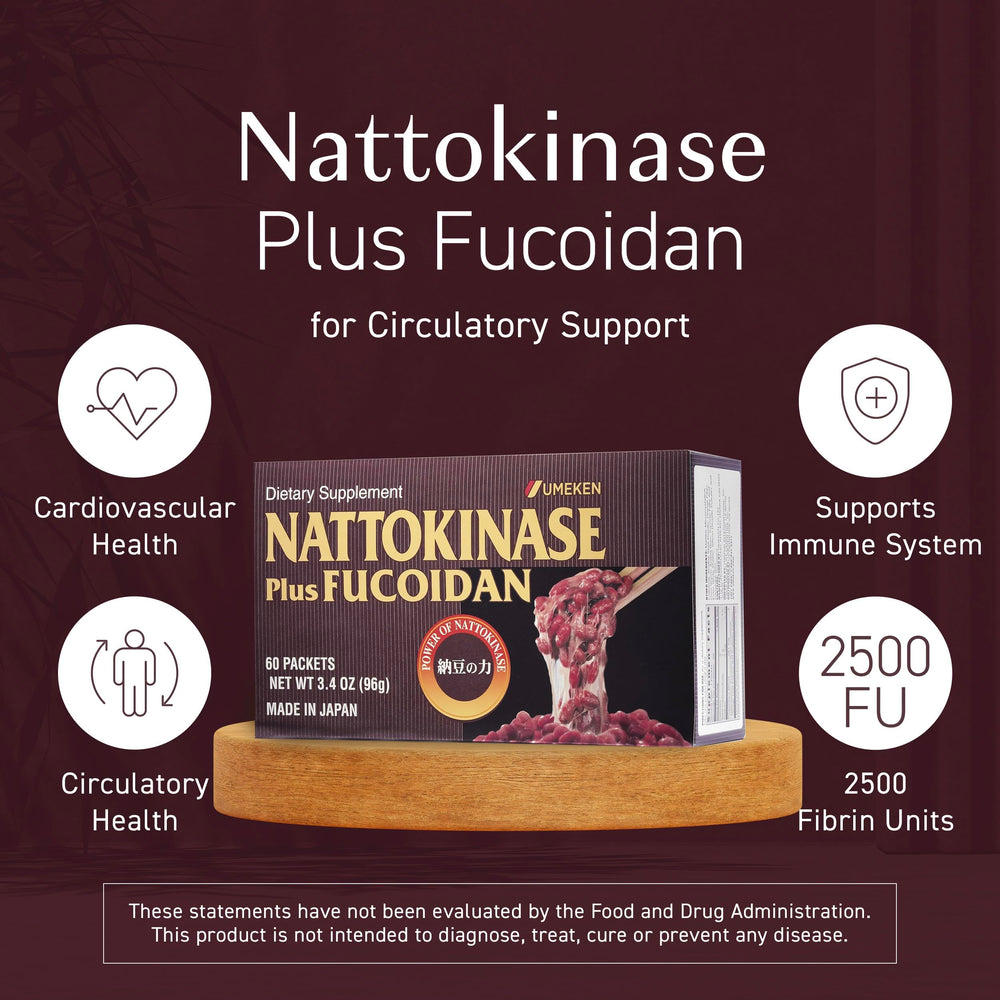 Back label showing supplement details on Umeken Nattokinase Plus Fucoidan 60-count Pack 2