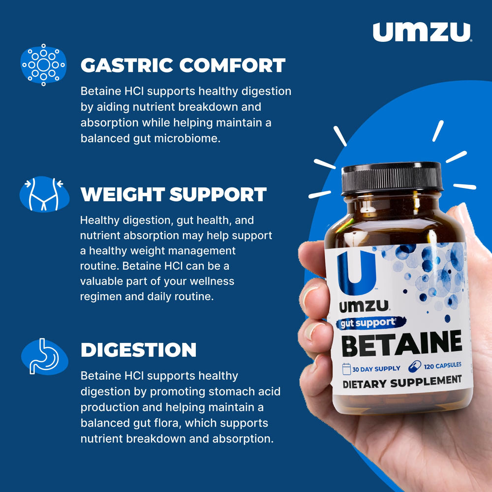 Betaine HCl capsules inside a clear bottle