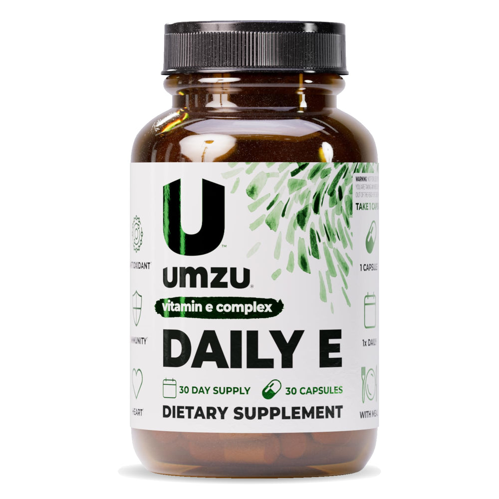Front view of UMZU Daily E Vitamin E Capsules bottle