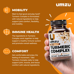 Front view of UMZU turmeric curcumin bottle showing capsules