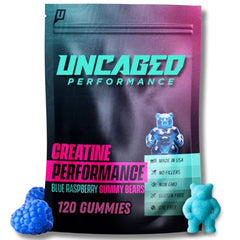 Bottle packaging for Uncaged Performance Creatine Monohydrate Gummies Blue Raspberry 5g 30 servings