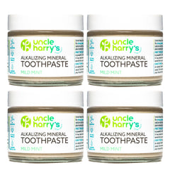 Front view of Uncle Harry's Mild Mint Remineralizing Toothpaste 4-pack in eco-friendly glass jar