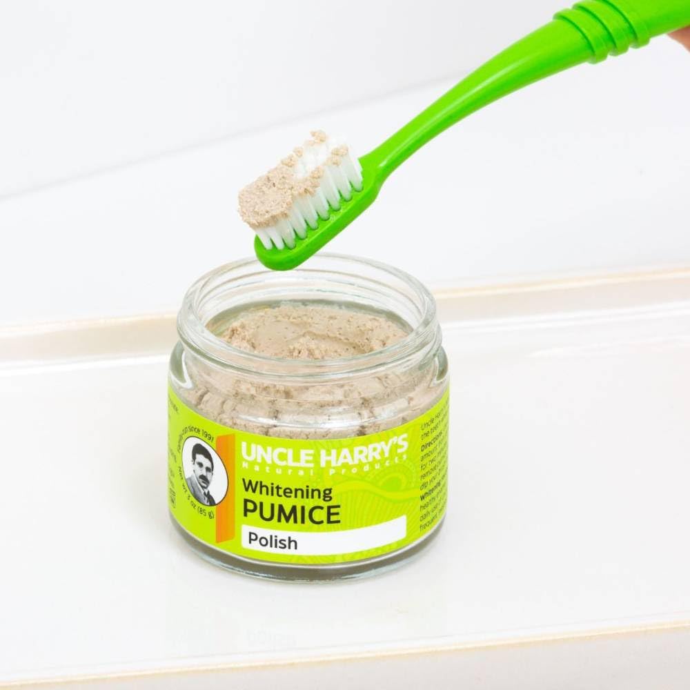 Close-up of Uncle Harry's Natural Tooth Polish showing pumice and bentonite clay
