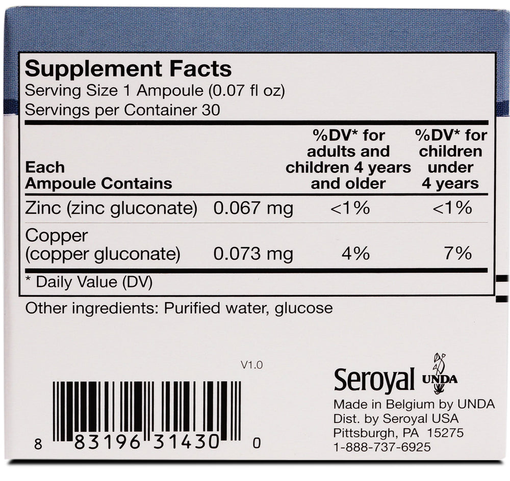 Box packaging for UNDA Gammadyn Zn-Cu Oligo-Elements 30 Ampoules