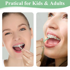 Flossers being used to clean under arch wire around braces