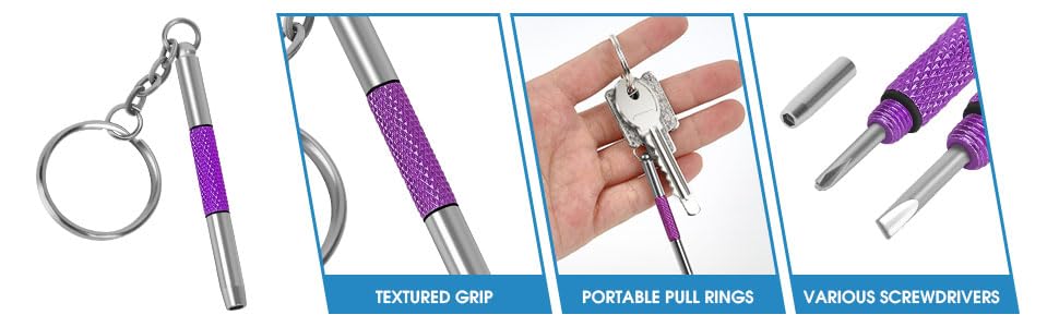 Keychain-friendly eyeglass screwdriver set in blue and purple