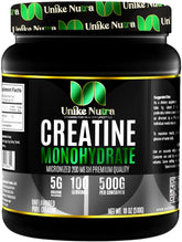Front view of Unike Nutra Pure Creatine Monohydrate Powder 500g bottle
